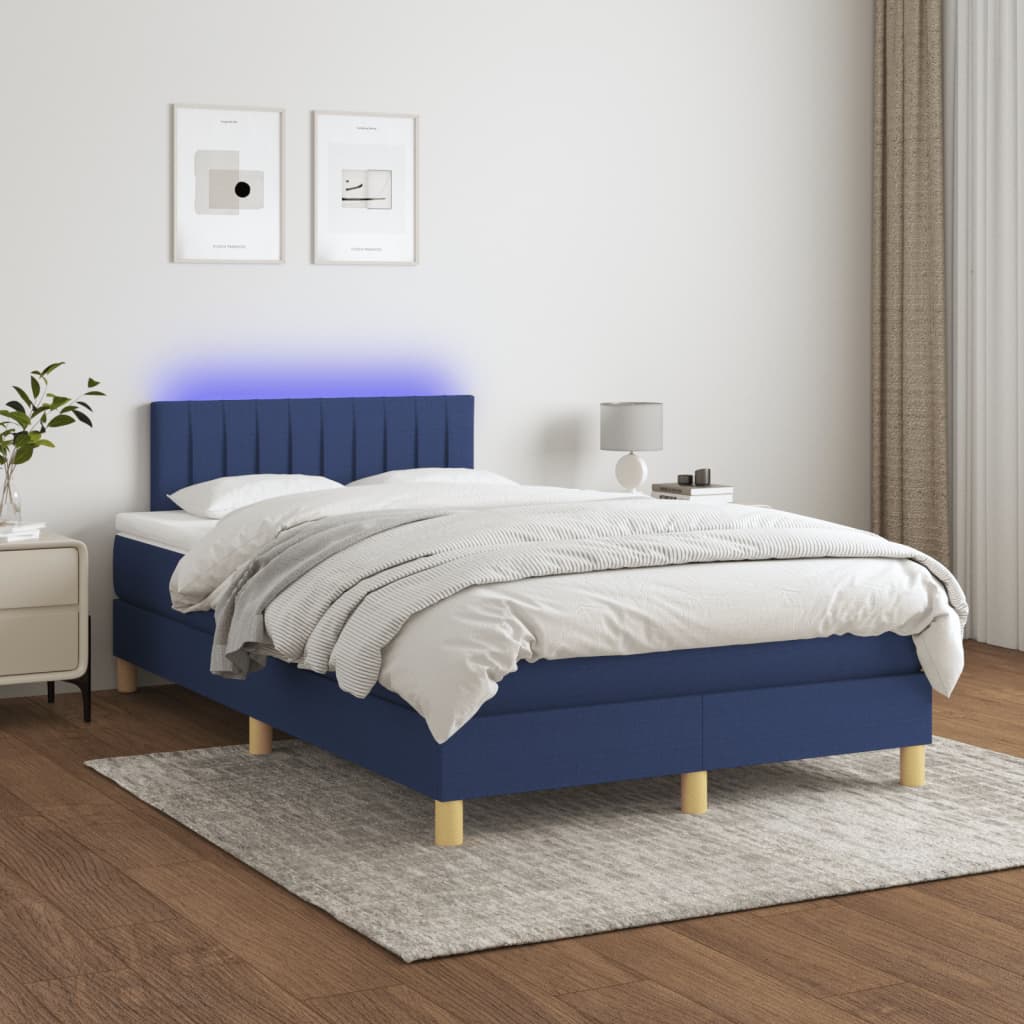vidaXL Posteľ boxsping s matracom a LED modrá 120x200 cm látka
