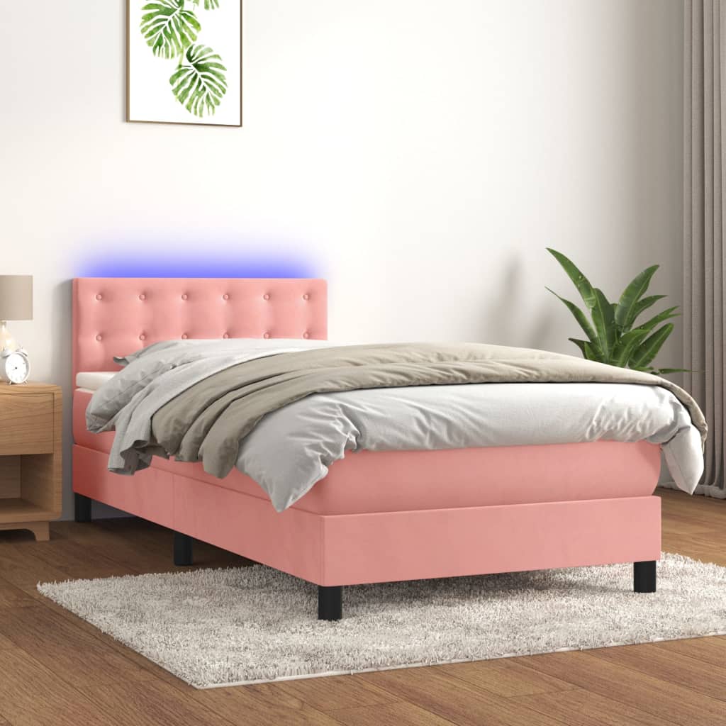 vidaXL Posteľný rám boxsping s matracom a LED ružový 90x190 cm zamat