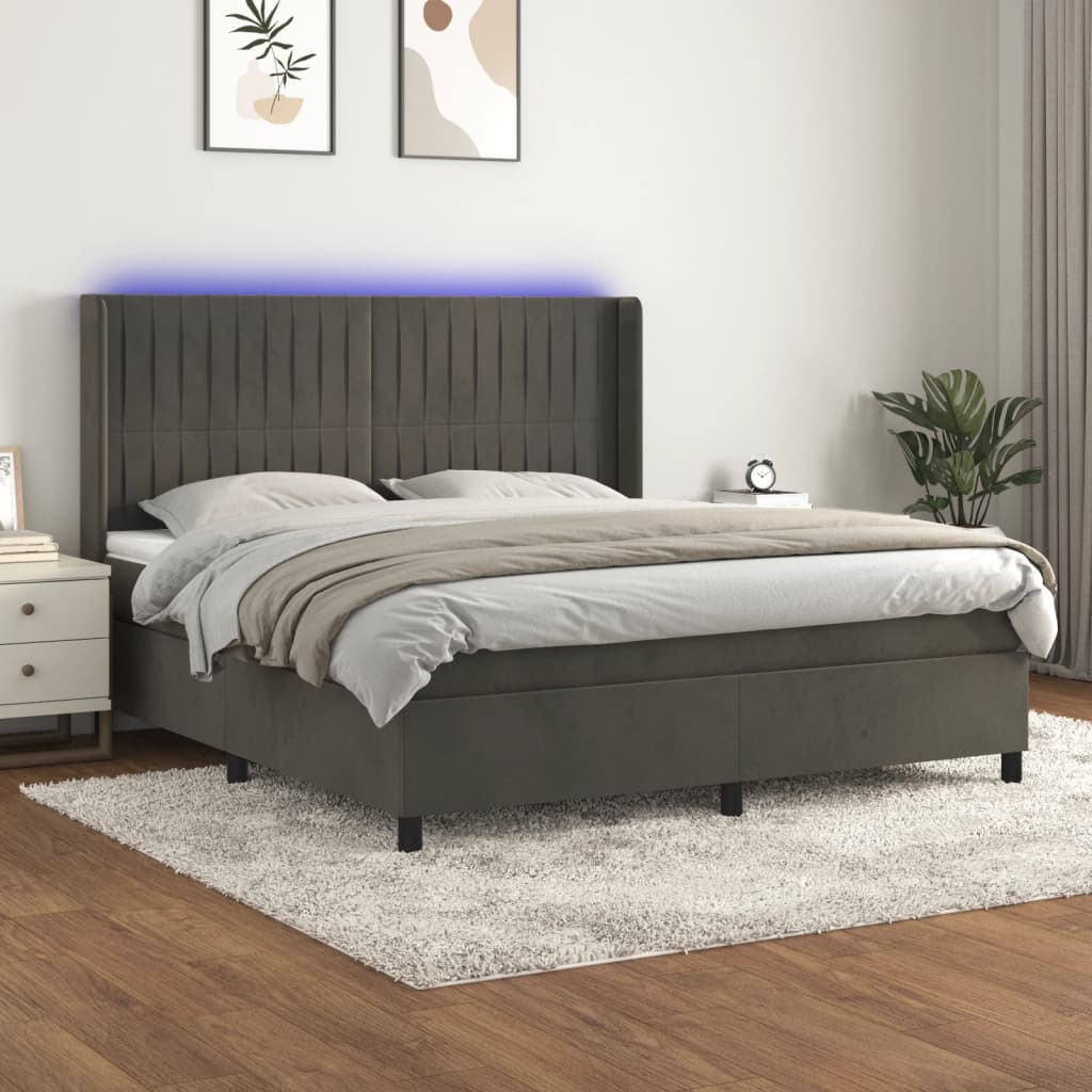 vidaXL Posteľ boxsping s matracom a LED tmavosivá 160x200 cm zamat