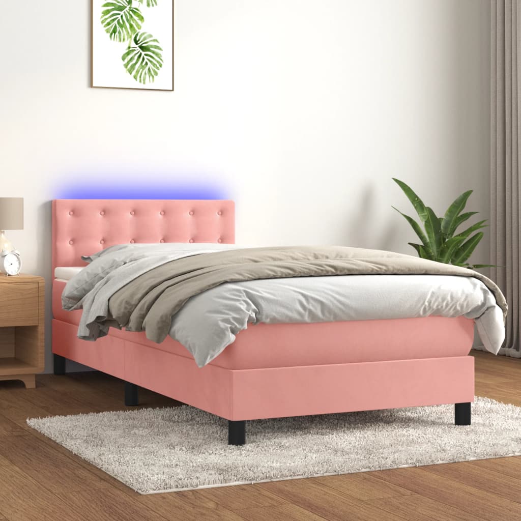vidaXL Posteľný rám boxsping s matracom a LED ružový 90x200 cm zamat