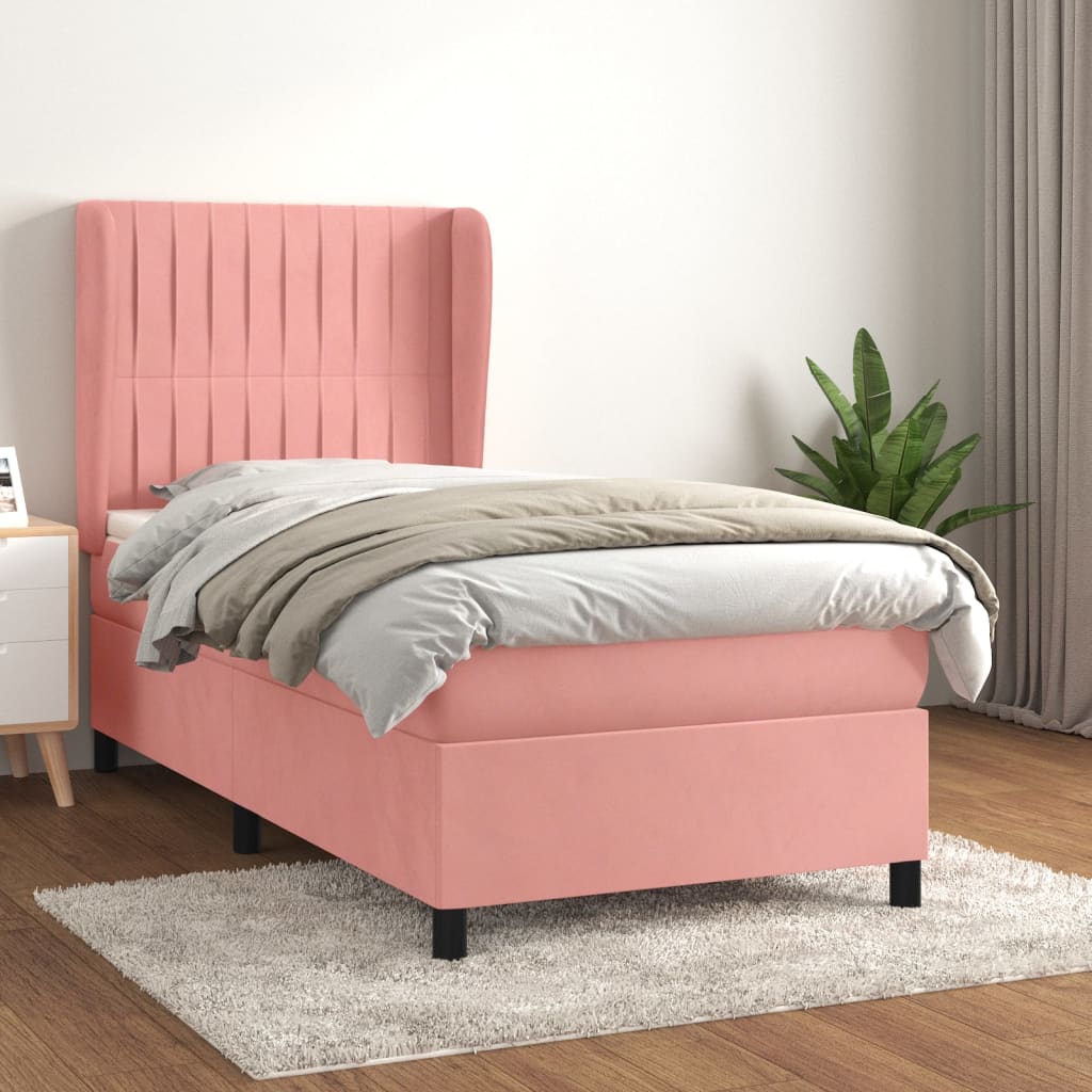 vidaXL Posteľný rám boxsping s matracom ružový 90x200 cm zamat