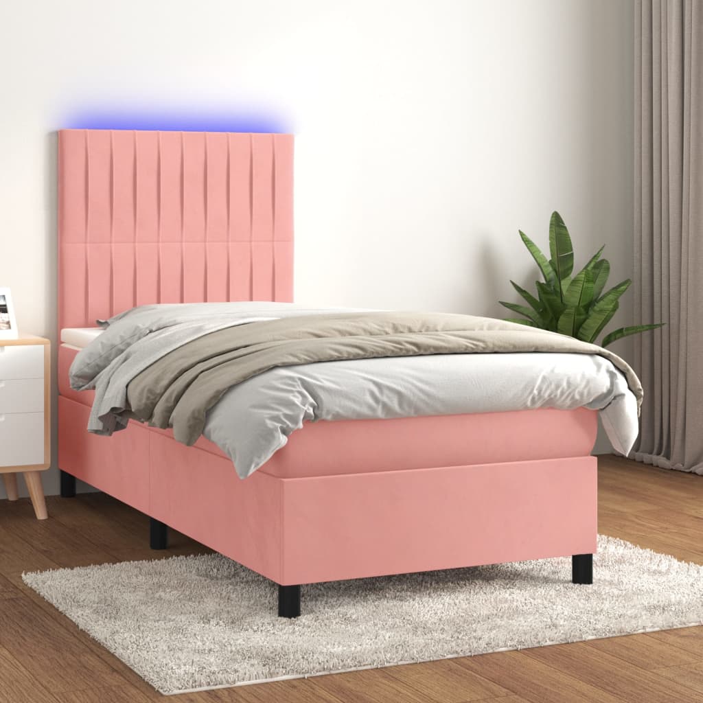 vidaXL Posteľný rám boxsping s matracom a LED ružový 90x190 cm zamat