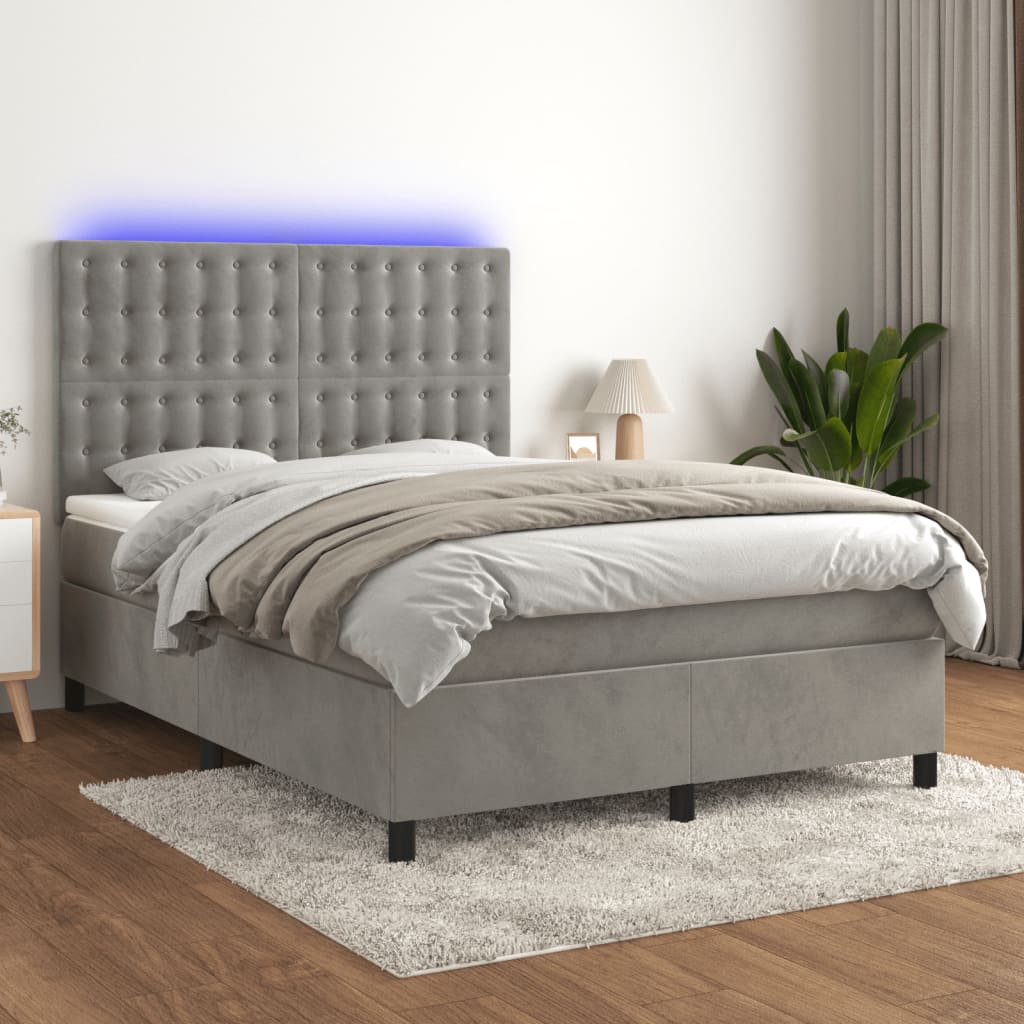 vidaXL Posteľ boxsping s matracom a LED bledosivá 140x190 cm zamat