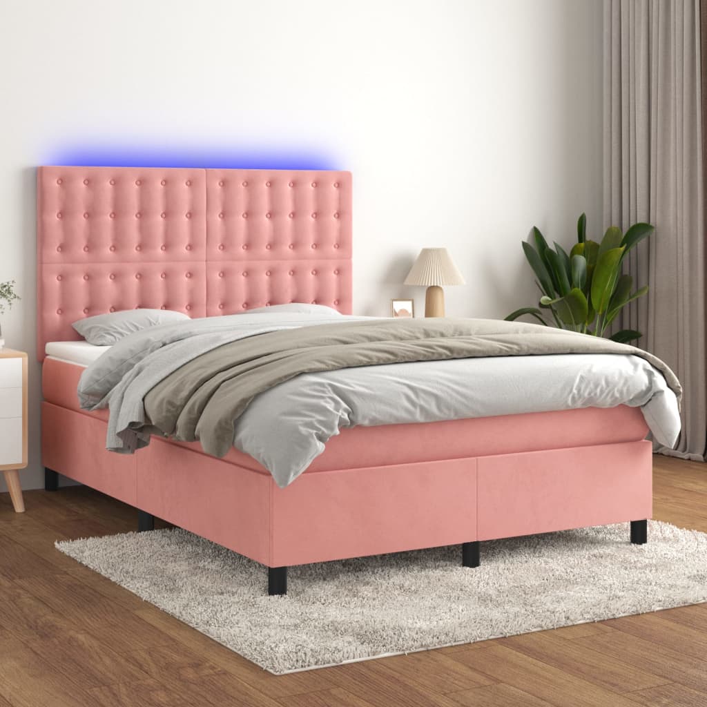 vidaXL Posteľný rám boxsping s matracom a LED ružový 140x190 cm zamat