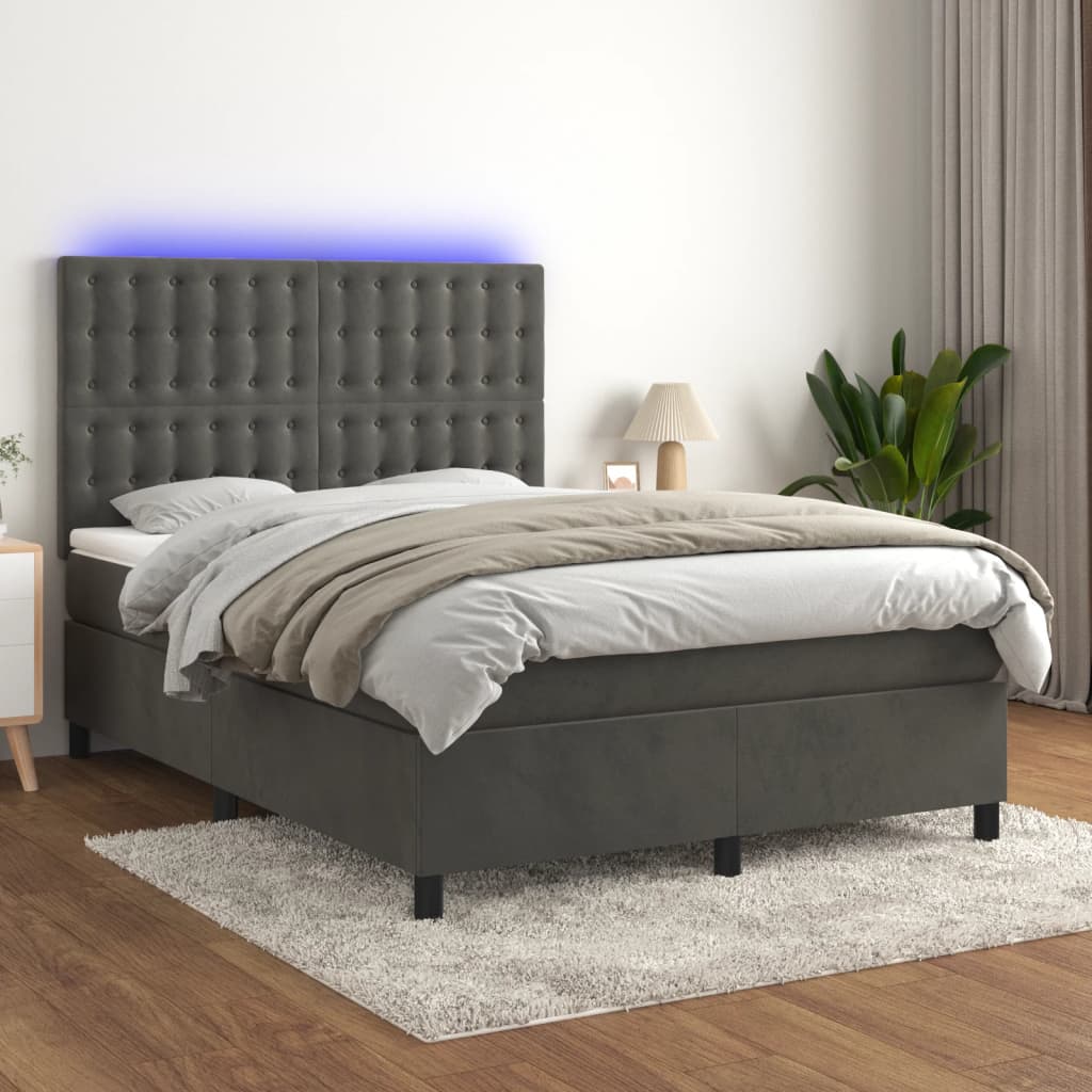 vidaXL Posteľ boxsping s matracom a LED tmavosivá 140x200 cm zamat