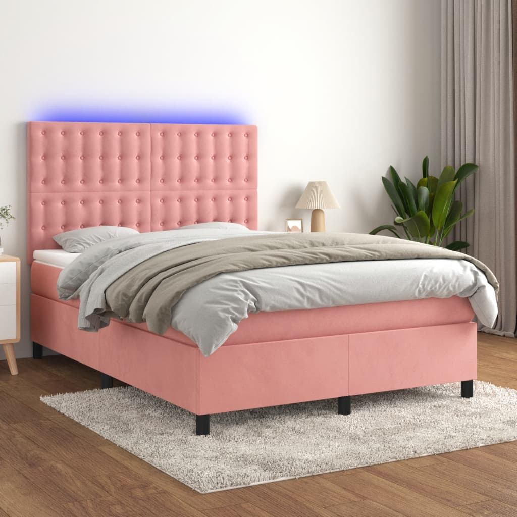 vidaXL Posteľný rám boxsping s matracom a LED ružový 140x200 cm zamat