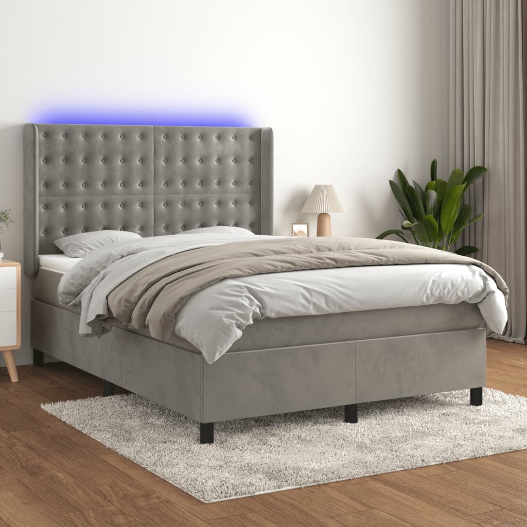 vidaXL Posteľ boxsping s matracom a LED bledosivá 140x190 cm zamat
