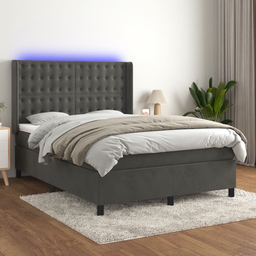 vidaXL Posteľ boxsping s matracom a LED tmavosivá 140x200 cm zamat