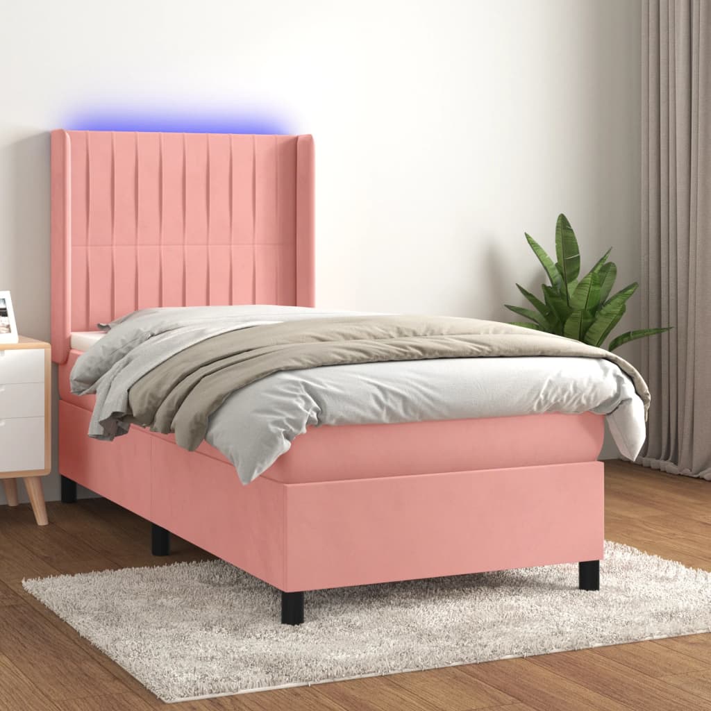 vidaXL Posteľný rám boxsping s matracom a LED ružový 90x190 cm zamat