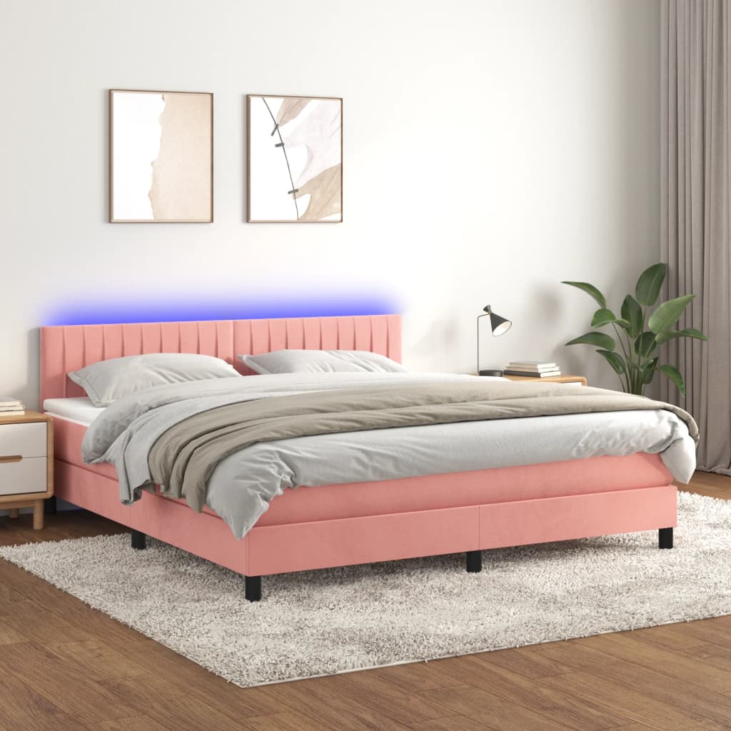 vidaXL Posteľný rám boxsping s matracom a LED ružový 180x200 cm zamat