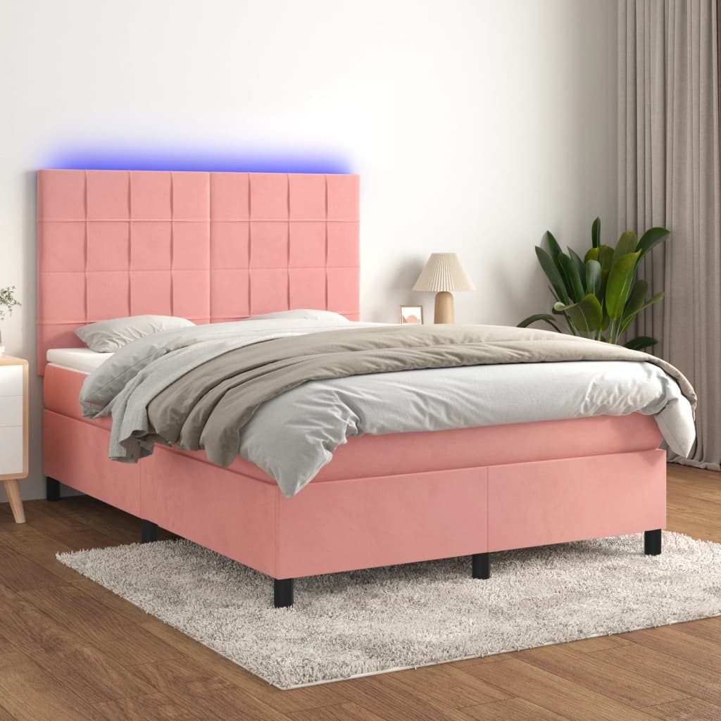 vidaXL Posteľný rám boxsping s matracom a LED ružový 140x200 cm zamat