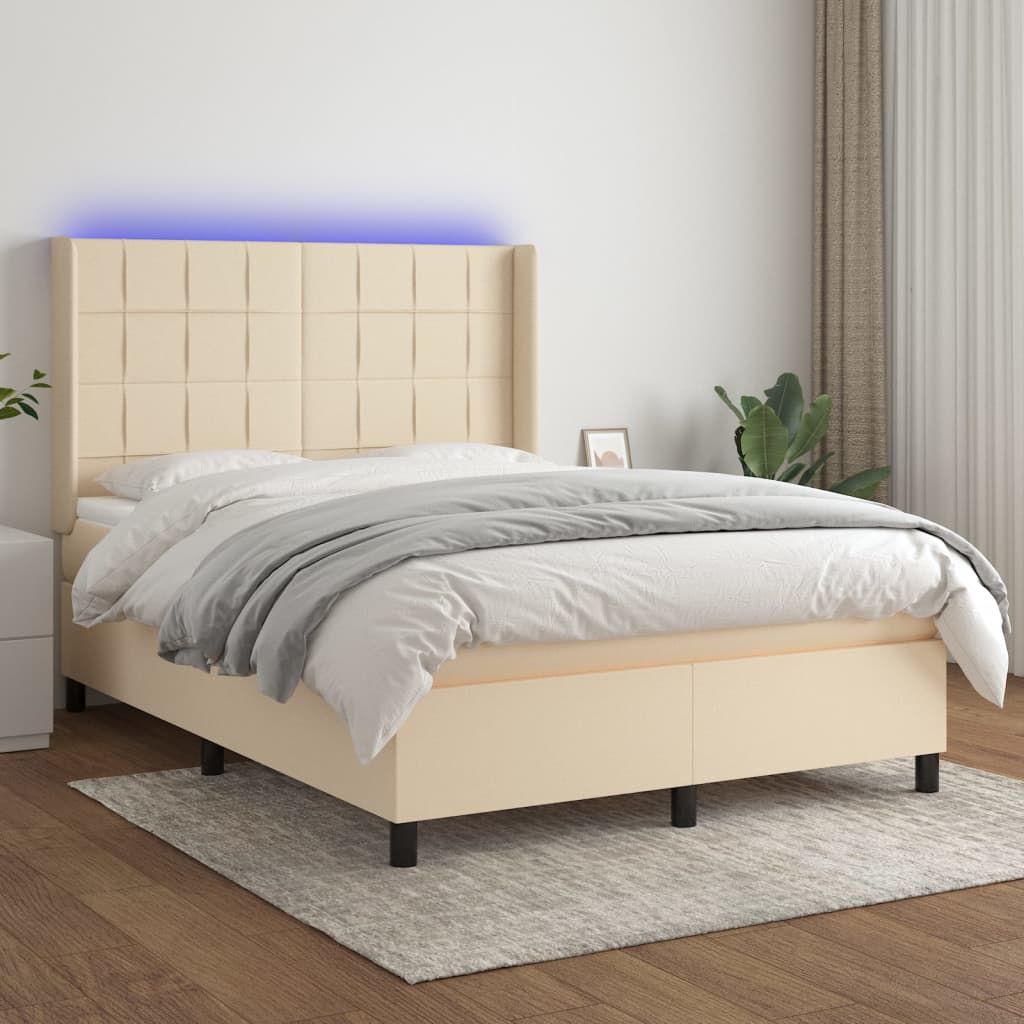 vidaXL Posteľ boxsping s matracom a LED krémová 140x200 cm látka
