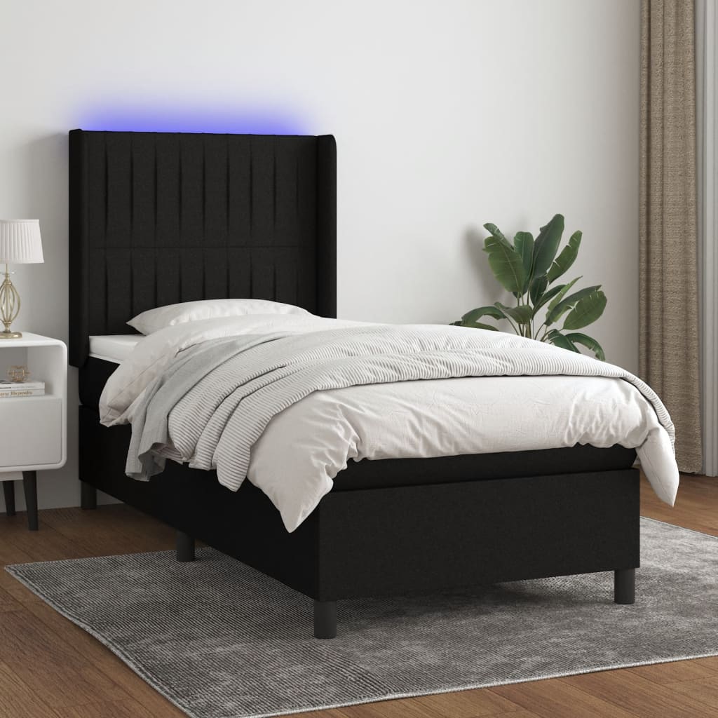 vidaXL Posteľ boxsping s matracom a LED čierna 90x190 cm látka