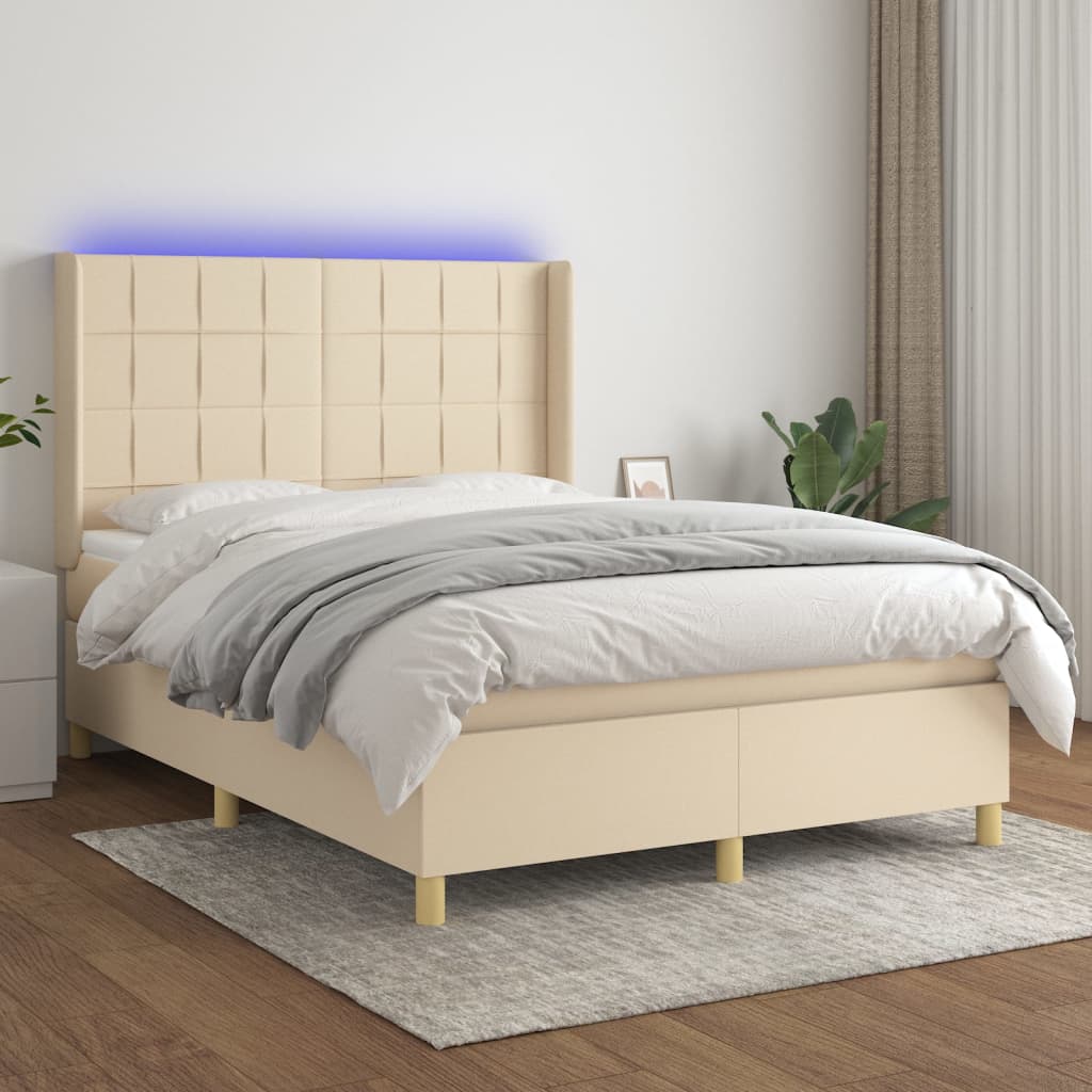 vidaXL Posteľ boxsping s matracom a LED krémová 140x200 cm látka