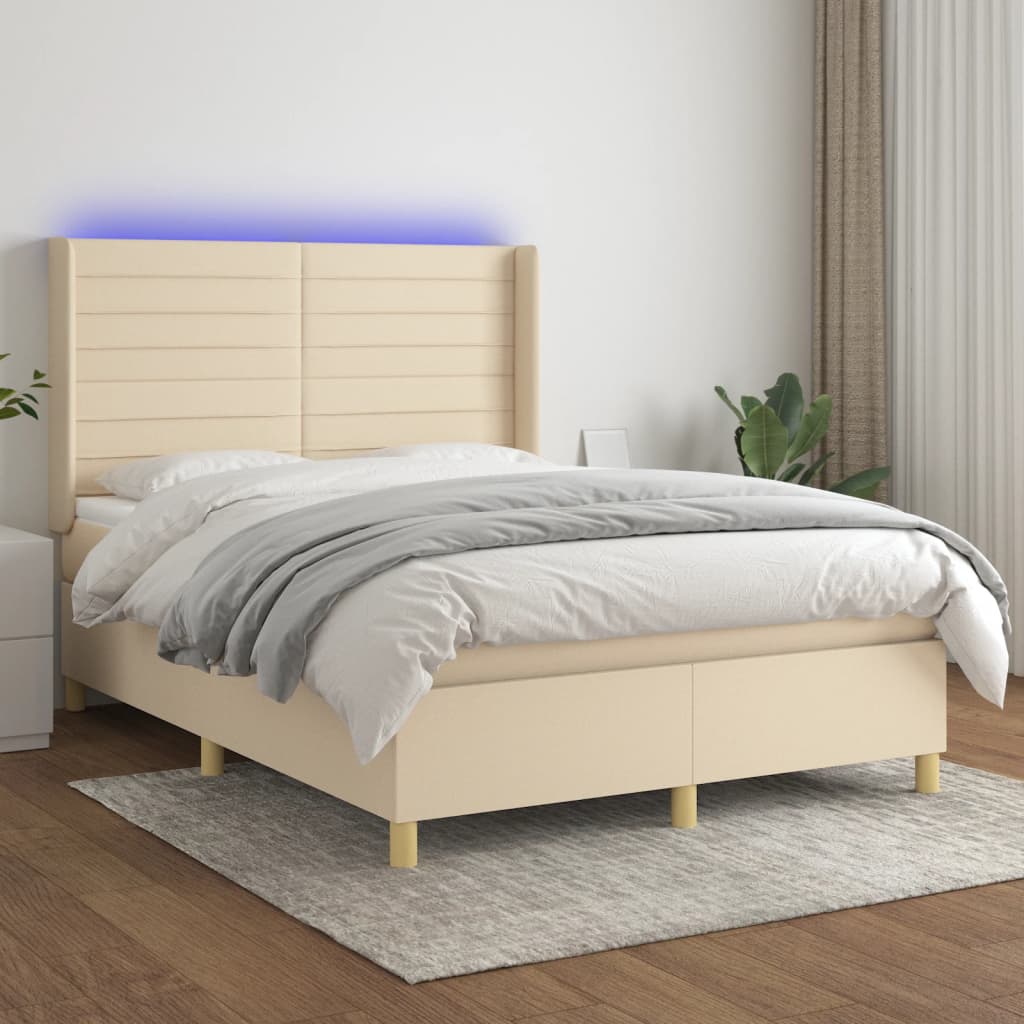 vidaXL Posteľ boxsping s matracom a LED krémová 140x200 cm látka