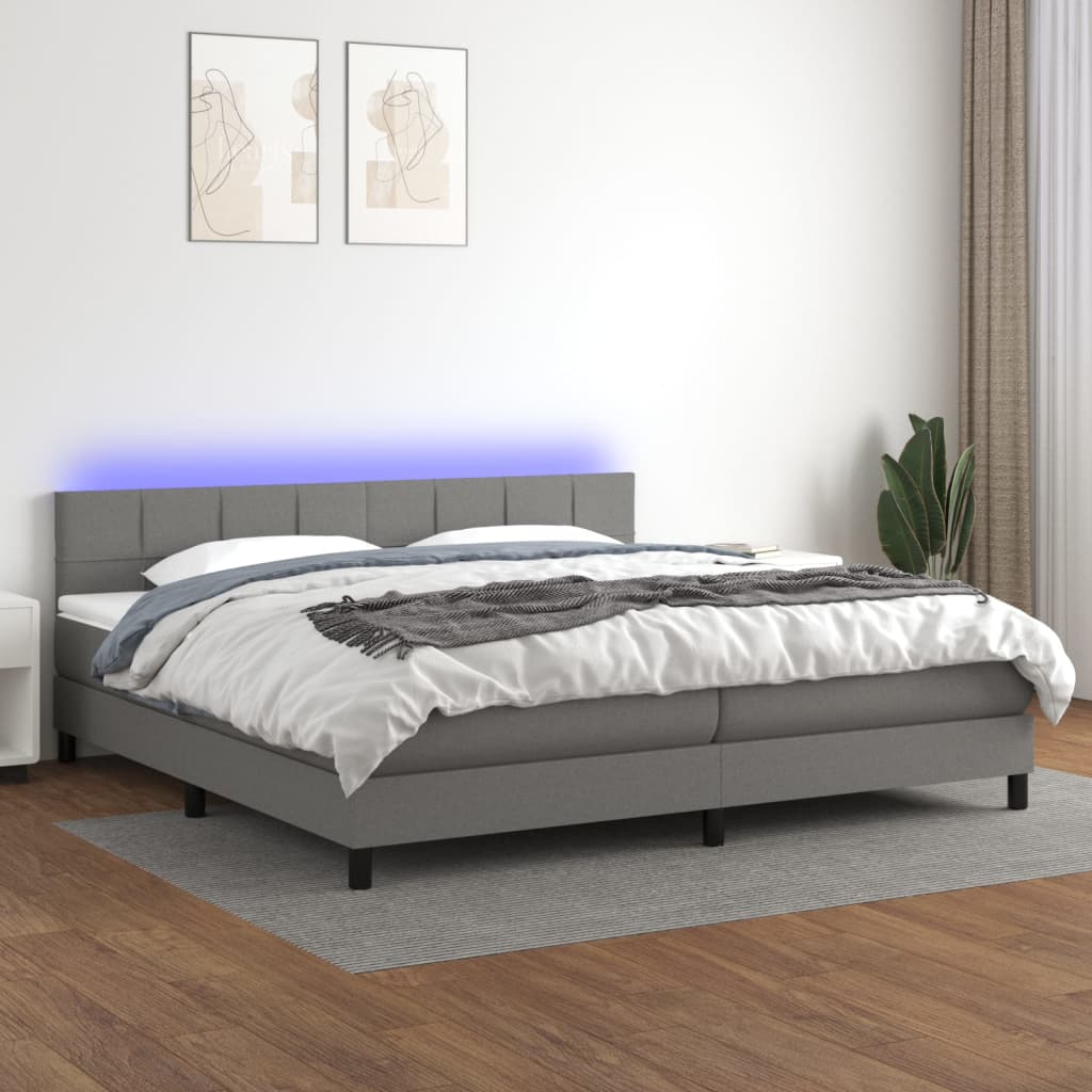 vidaXL Posteľ boxsping s matracom a LED tmavosivá 200x200 cm látka
