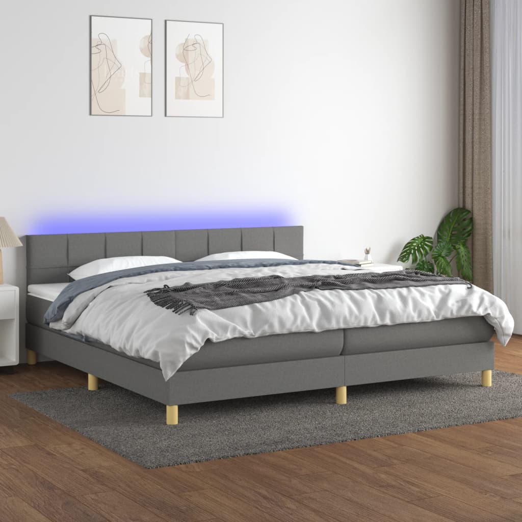 vidaXL Posteľ boxsping s matracom a LED tmavosivá 200x200 cm látka