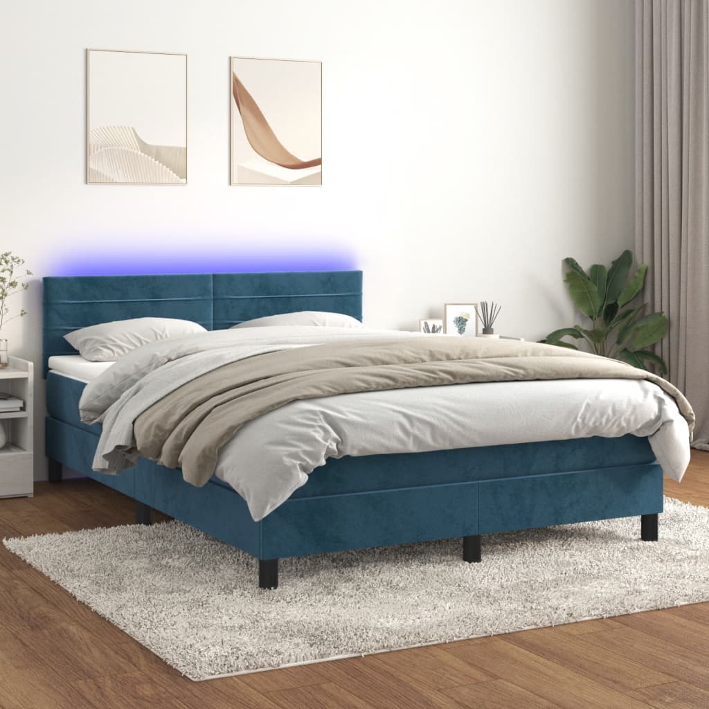 vidaXL Posteľný rám boxsping matrac a LED tmavomodrý 140x200 cm zamat