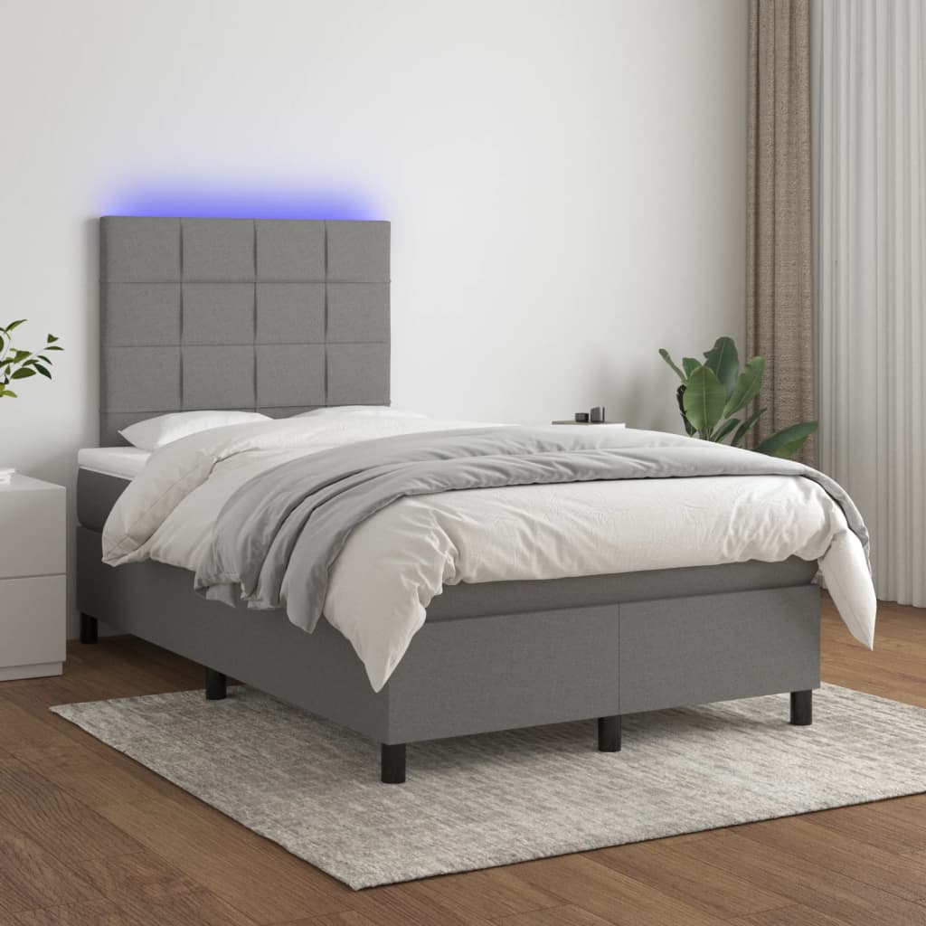 vidaXL Posteľ boxsping s matracom a LED tmavosivá 120x200 cm látka