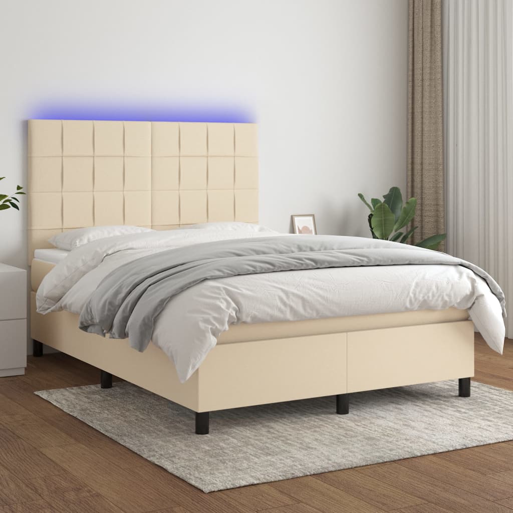 vidaXL Posteľ boxsping s matracom a LED krémová 140x200 cm látka