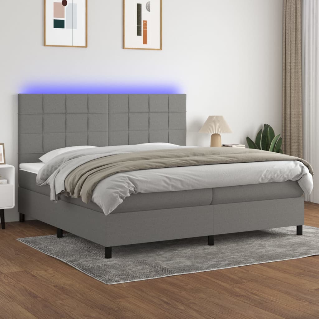 vidaXL Posteľ boxsping s matracom a LED tmavosivá 200x200 cm látka
