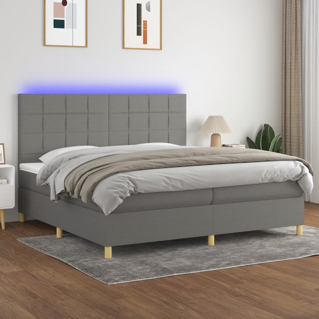 vidaXL Posteľ boxsping s matracom a LED tmavosivá 200x200 cm látka