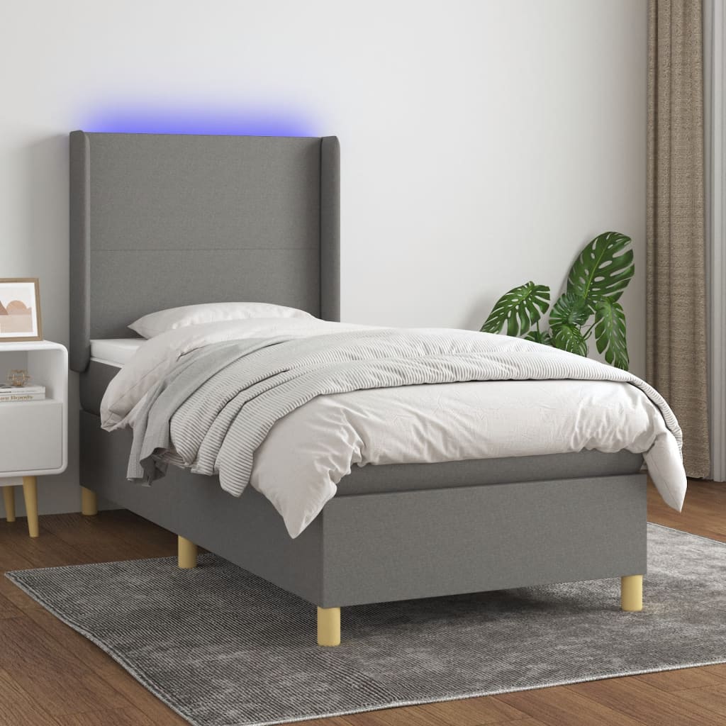 vidaXL Posteľ boxsping s matracom a LED tmavosivá 100x200 cm látka