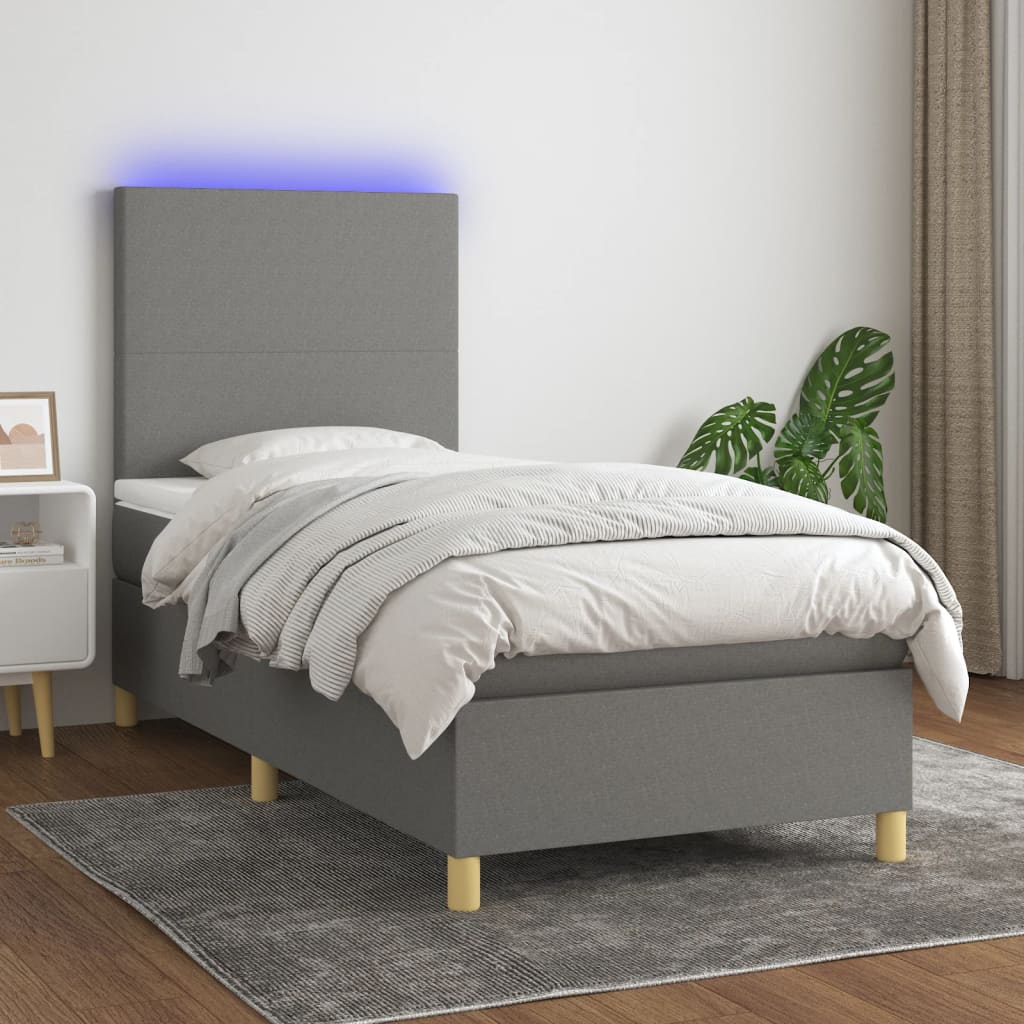 vidaXL Posteľ boxsping s matracom a LED tmavosivá 100x200 cm látka