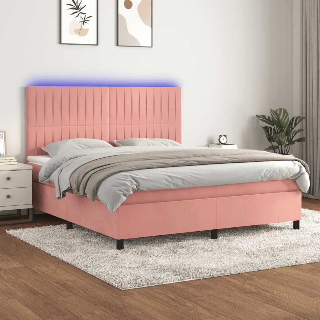 vidaXL Posteľný rám boxsping s matracom a LED ružový 160x200 cm zamat