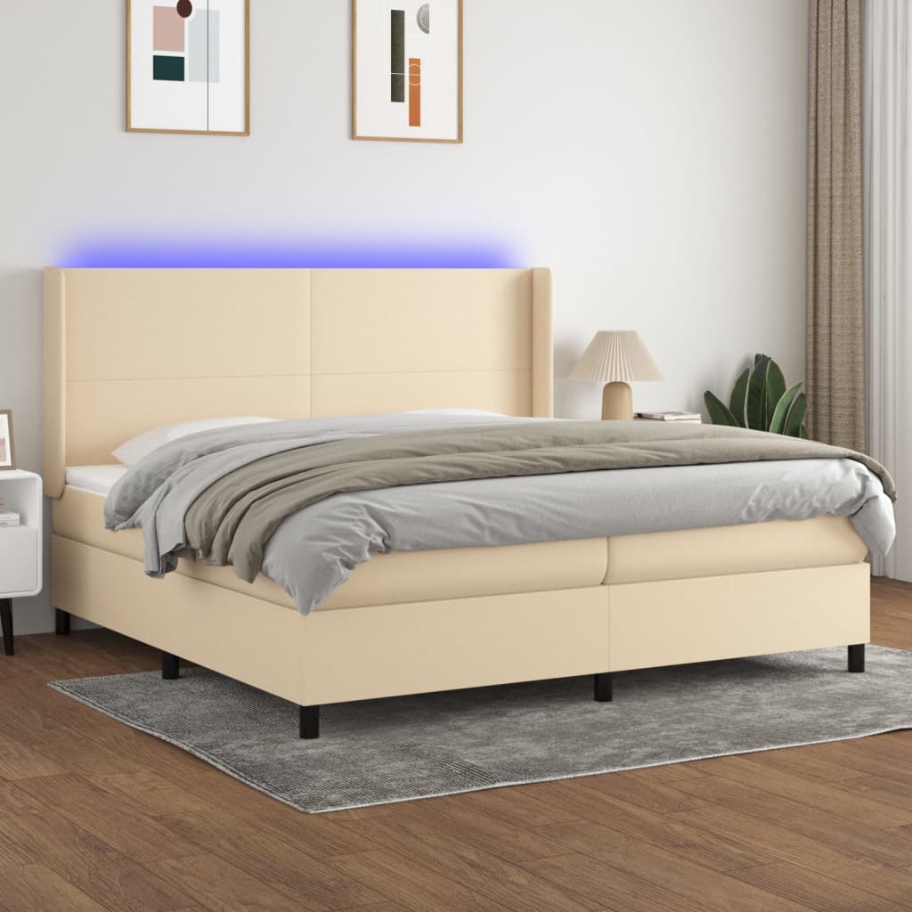 vidaXL Posteľ boxsping s matracom a LED krémová 200x200 cm látka