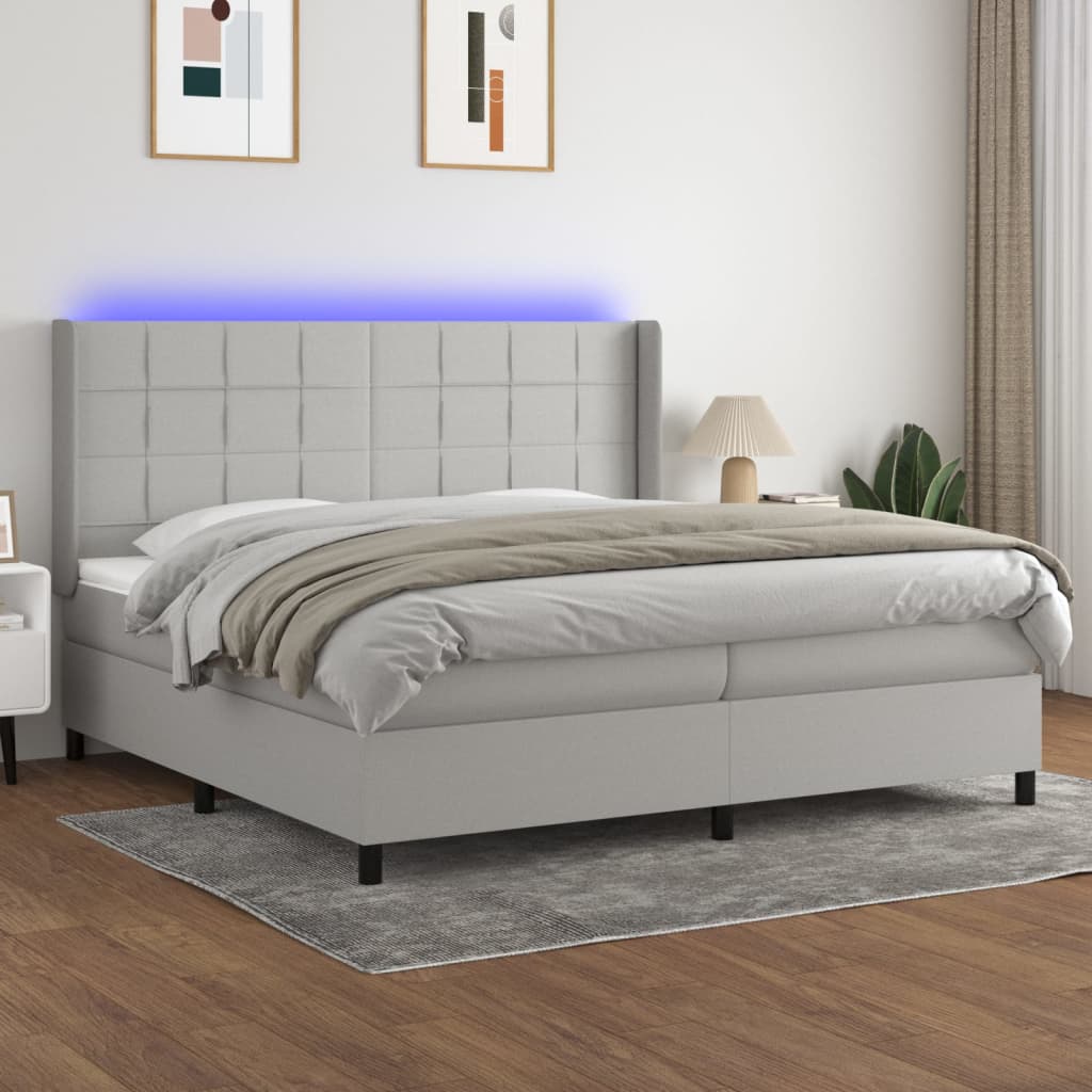 vidaXL Posteľ boxsping s matracom a LED bledosivá 200x200 cm látka