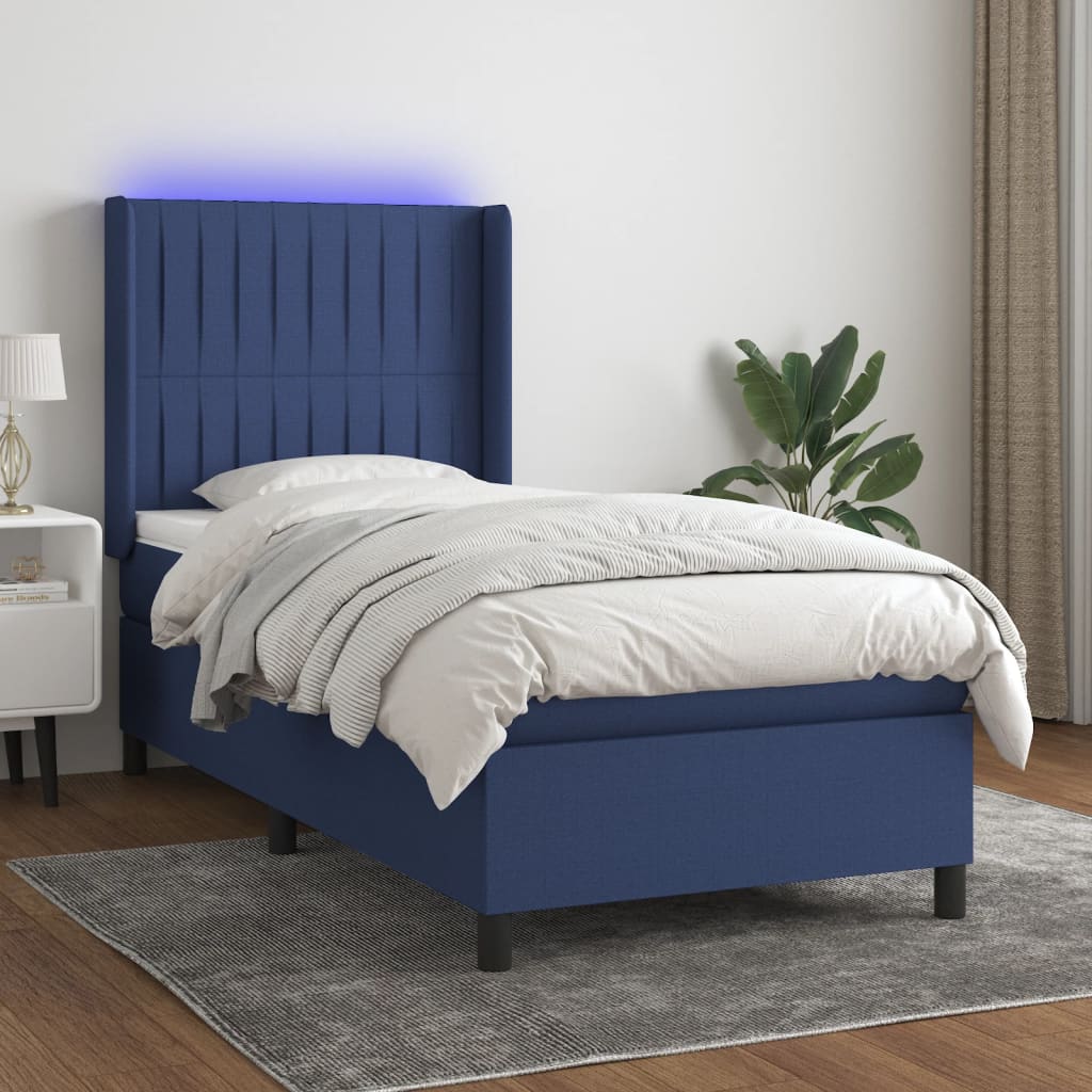 vidaXL Posteľ boxsping s matracom a LED modrá 90x190 cm látka