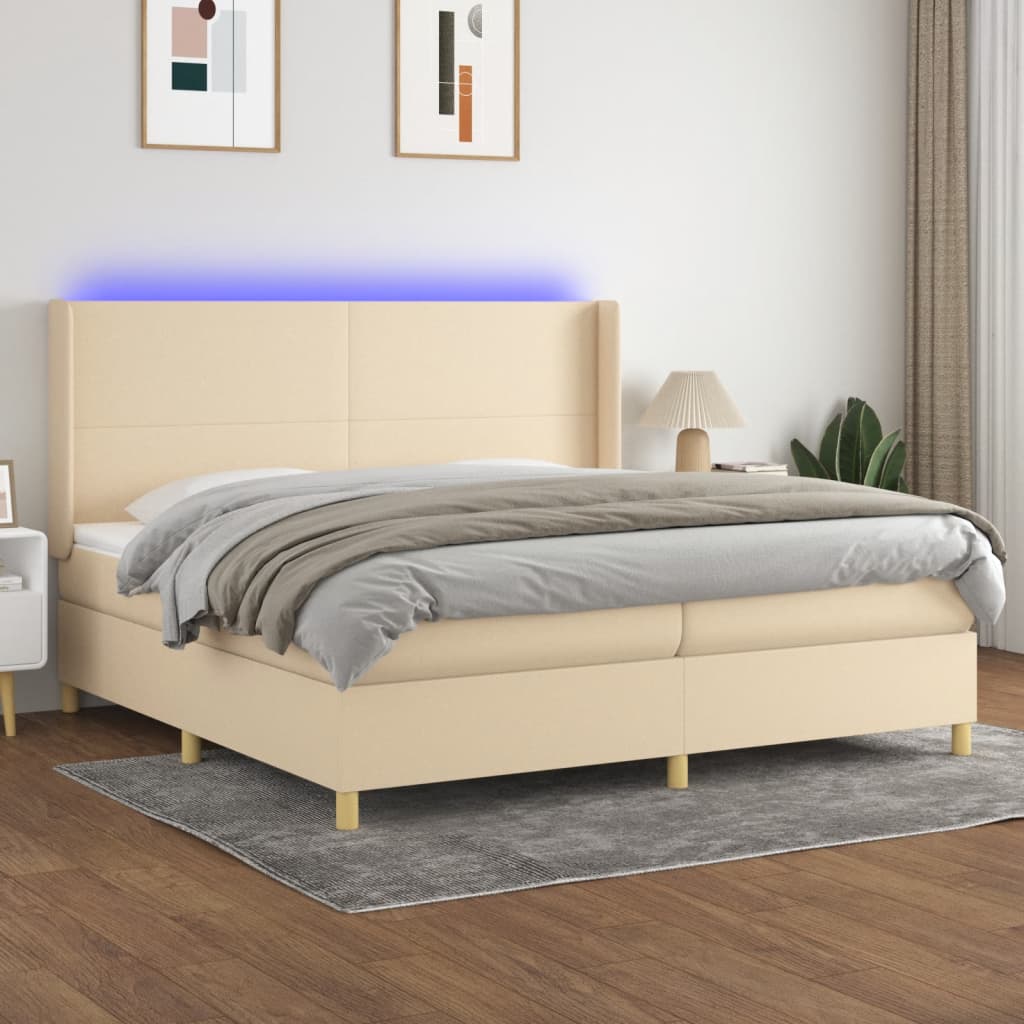 vidaXL Posteľ boxsping s matracom a LED krémová 200x200 cm látka