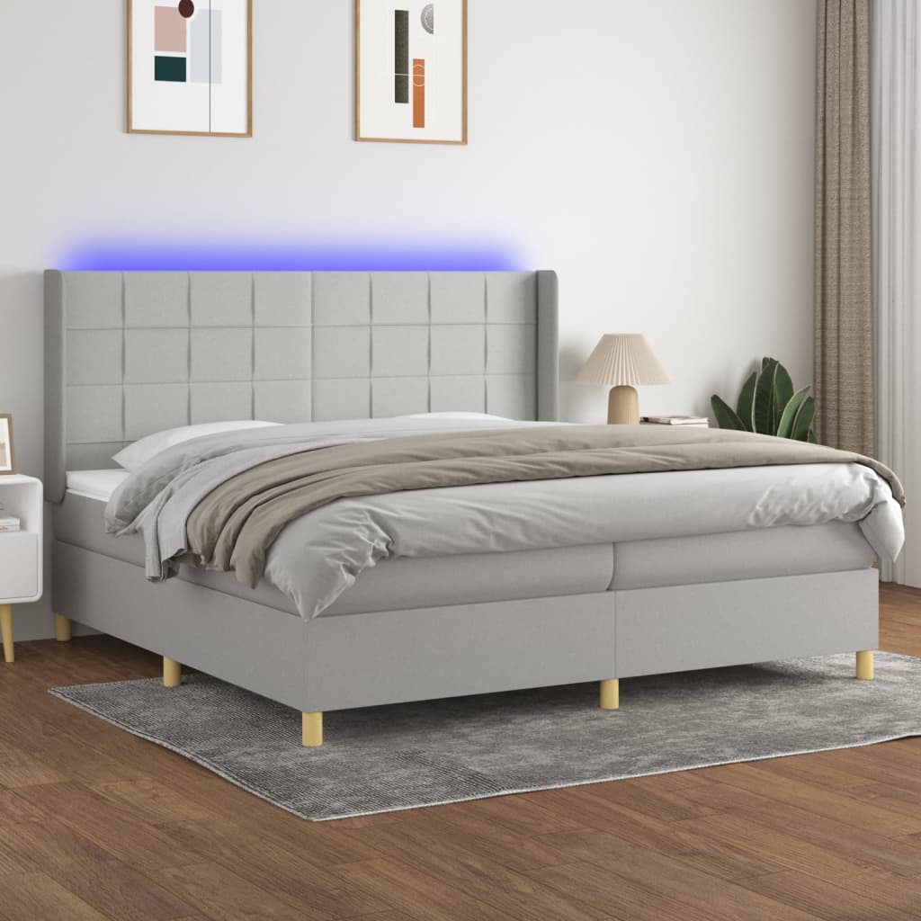 vidaXL Posteľ boxsping s matracom a LED bledosivá 200x200 cm látka