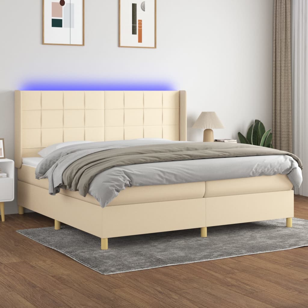 vidaXL Posteľ boxsping s matracom a LED krémová 200x200 cm látka