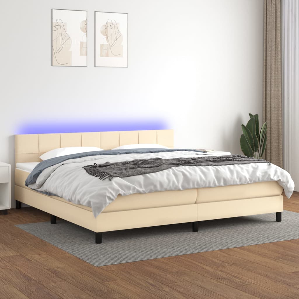 vidaXL Posteľ boxsping s matracom a LED krémová 200x200 cm látka