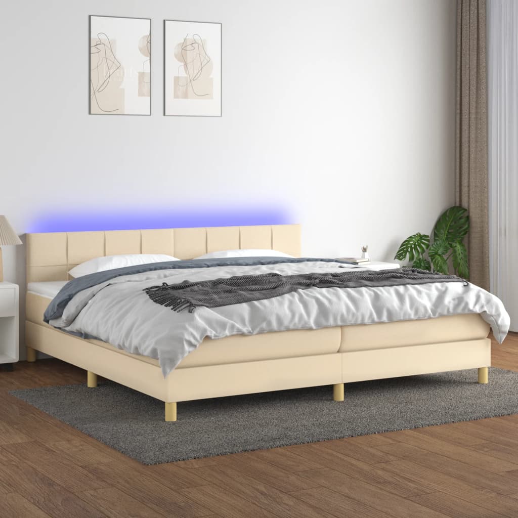 vidaXL Posteľ boxsping s matracom a LED krémová 200x200 cm látka