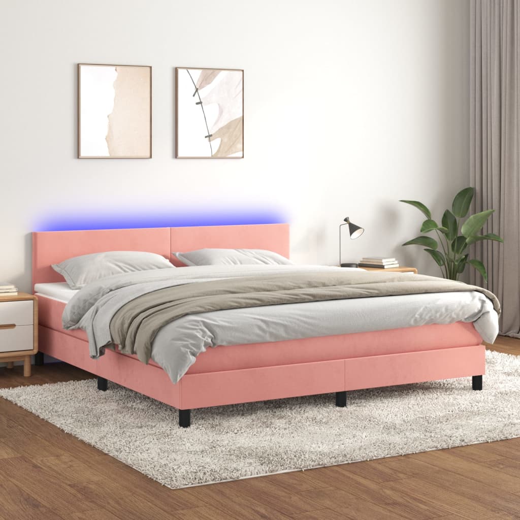 vidaXL Posteľný rám boxsping s matracom a LED ružový 180x200 cm zamat