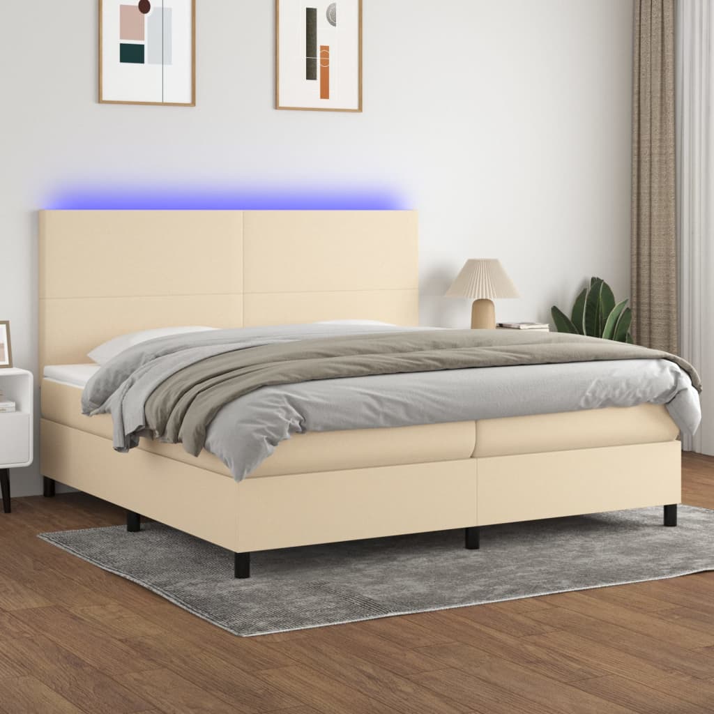 vidaXL Posteľ boxsping s matracom a LED krémová 200x200 cm látka