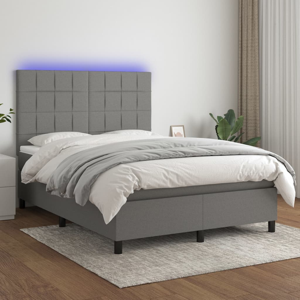 vidaXL Posteľ boxsping s matracom a LED tmavosivá 140x190 cm látka