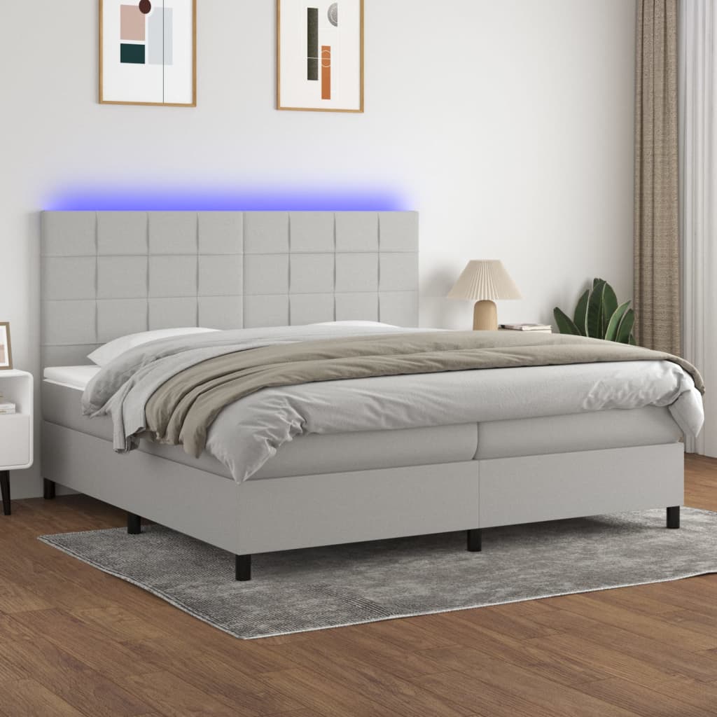vidaXL Posteľ boxsping s matracom a LED bledosivá 200x200 cm látka
