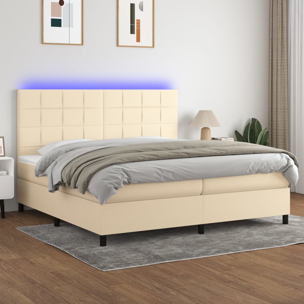 vidaXL Posteľ boxsping s matracom a LED krémová 200x200 cm látka