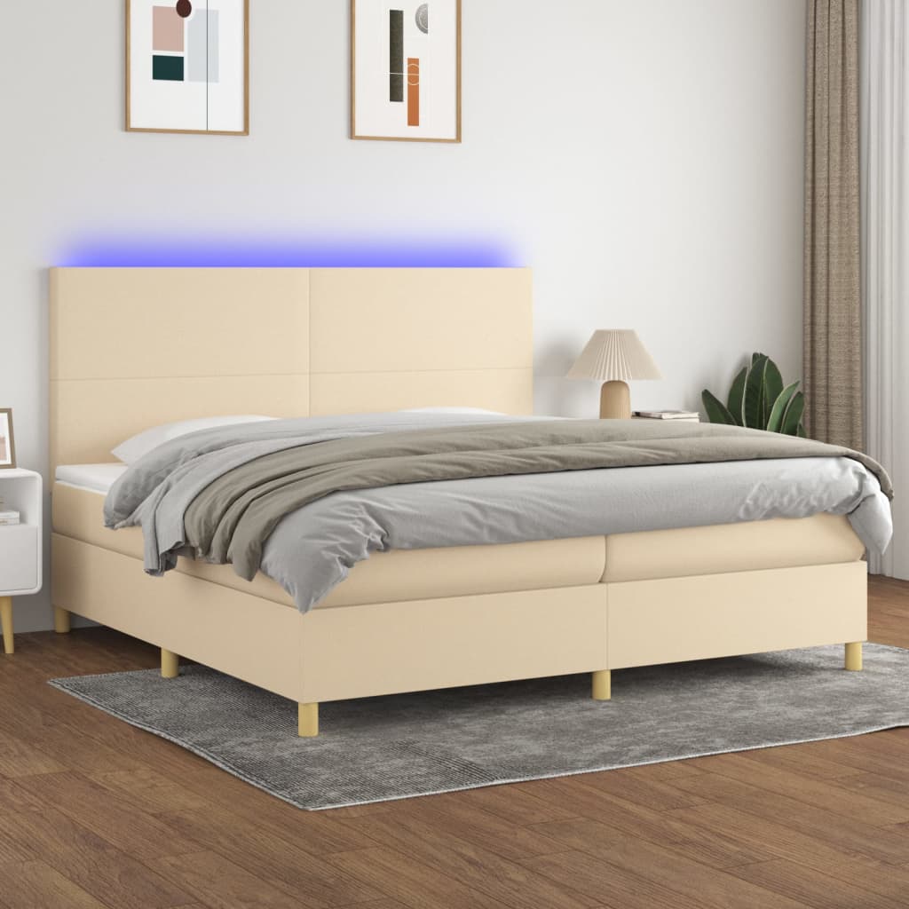 vidaXL Posteľ boxsping s matracom a LED krémová 200x200 cm látka