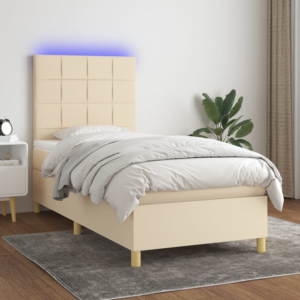 vidaXL Posteľ boxsping s matracom a LED krémová 100x200 cm látka