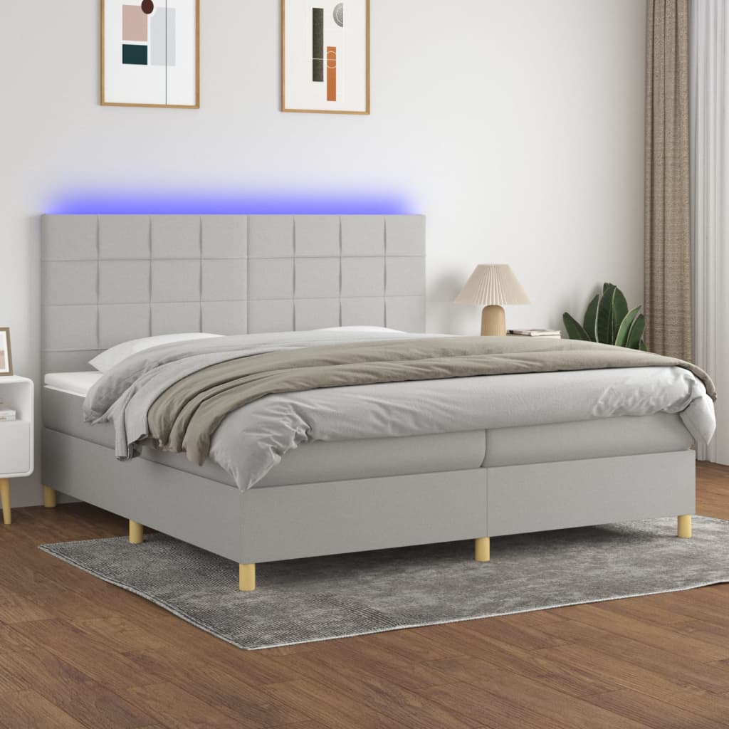 vidaXL Posteľ boxsping s matracom a LED bledosivá 200x200 cm látka