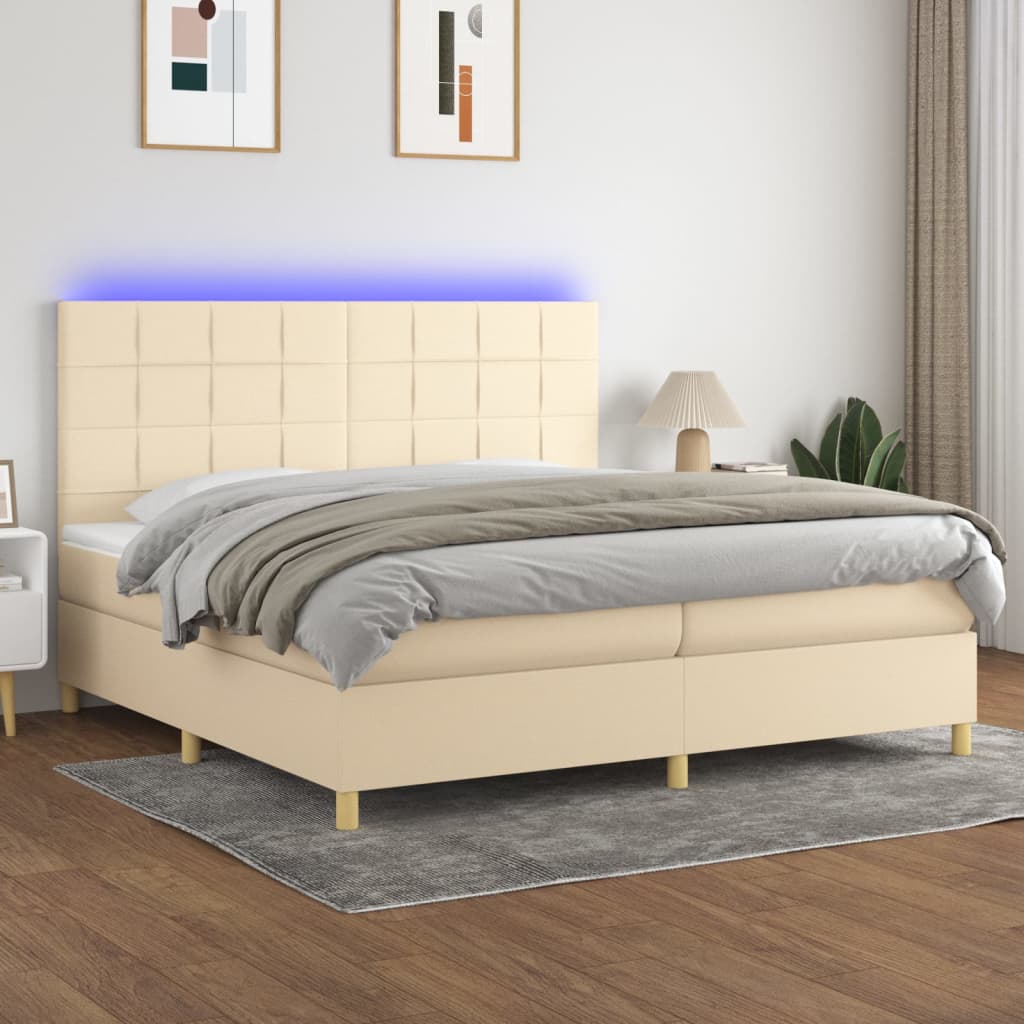 vidaXL Posteľ boxsping s matracom a LED krémová 200x200 cm látka