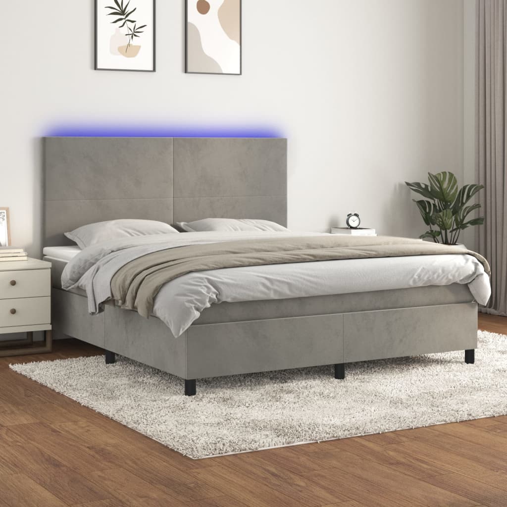 vidaXL Posteľ boxsping s matracom a LED bledosivá 180x200 cm zamat