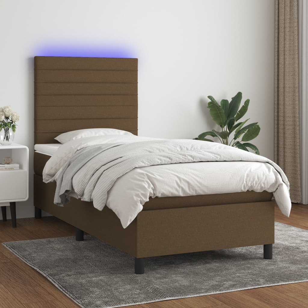 vidaXL Posteľ boxsping s matracom a LED tmavohnedá 100x200 cm látka