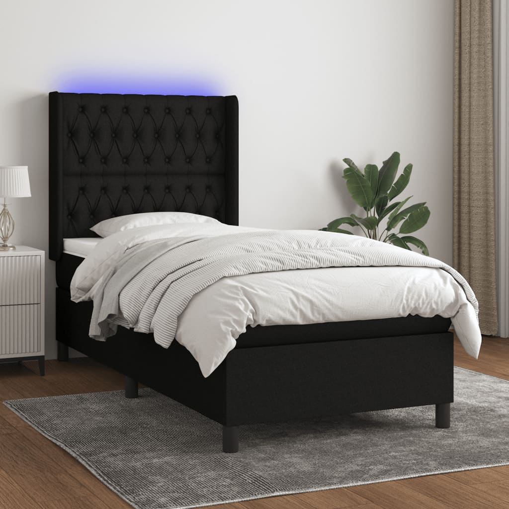 vidaXL Posteľ boxsping s matracom a LED čierna 90x190 cm látka