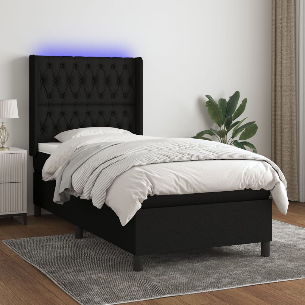 vidaXL Posteľ boxsping s matracom a LED čierna 90x200 cm látka